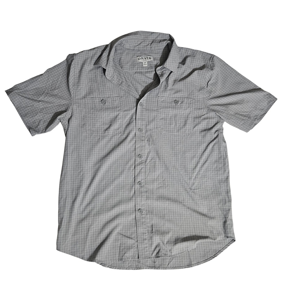 Orvis Classic Collection Mens Medium Grey Micro Check Short Sleeve Button Up